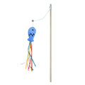 Cat wand toy with wooden handle, colourful ribbons, catnip fish and bell for indoor cat play