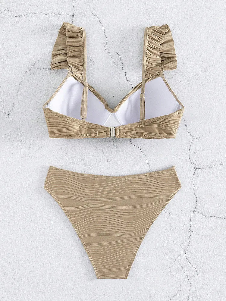 Women's solid colour bikini swimsuit in black and khaki options with Asian sizing