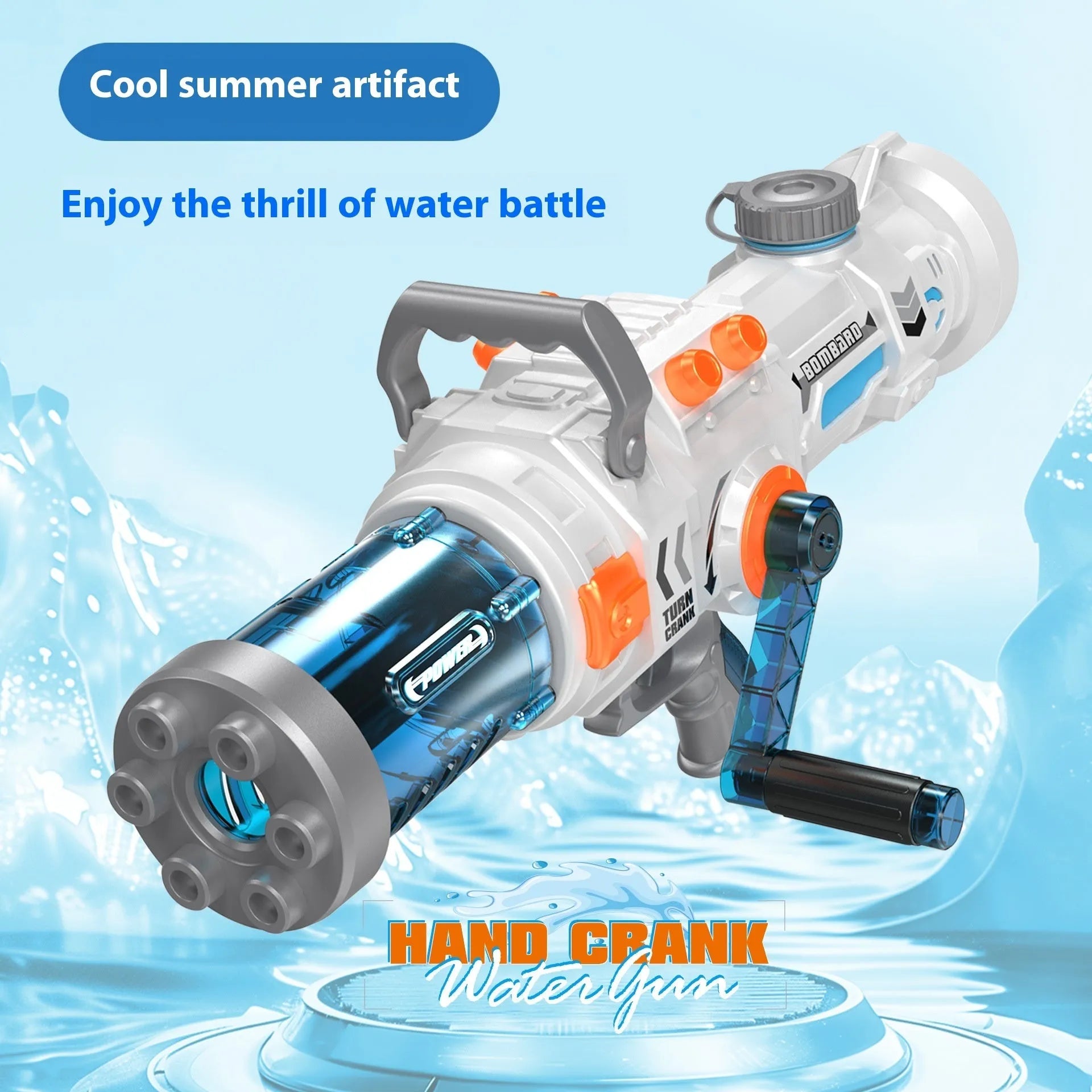 Hand-cranking gatling water gun with 1000ML capacity in blue and white plastic