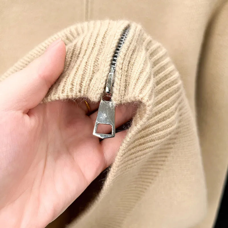 Men's stand collar knitted zipper cardigan in black, grey, or beige with loose fit