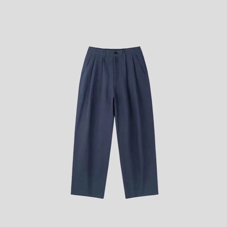 Men's loose fit cotton linen trousers in wide-leg Korean style with zip fly and elastic waist