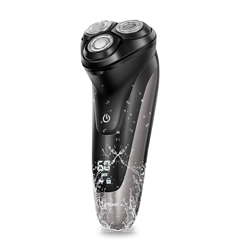 Men's electric shaver kit with three rotating cutter heads, USB charging cable, and pop-up sideburn trimmer