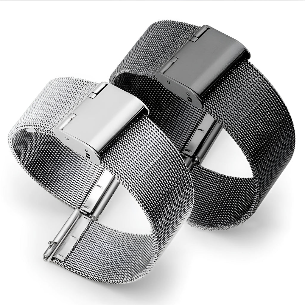 Milani stainless steel watch strap with silk woven texture in silver, shown with quick-release spring bars.