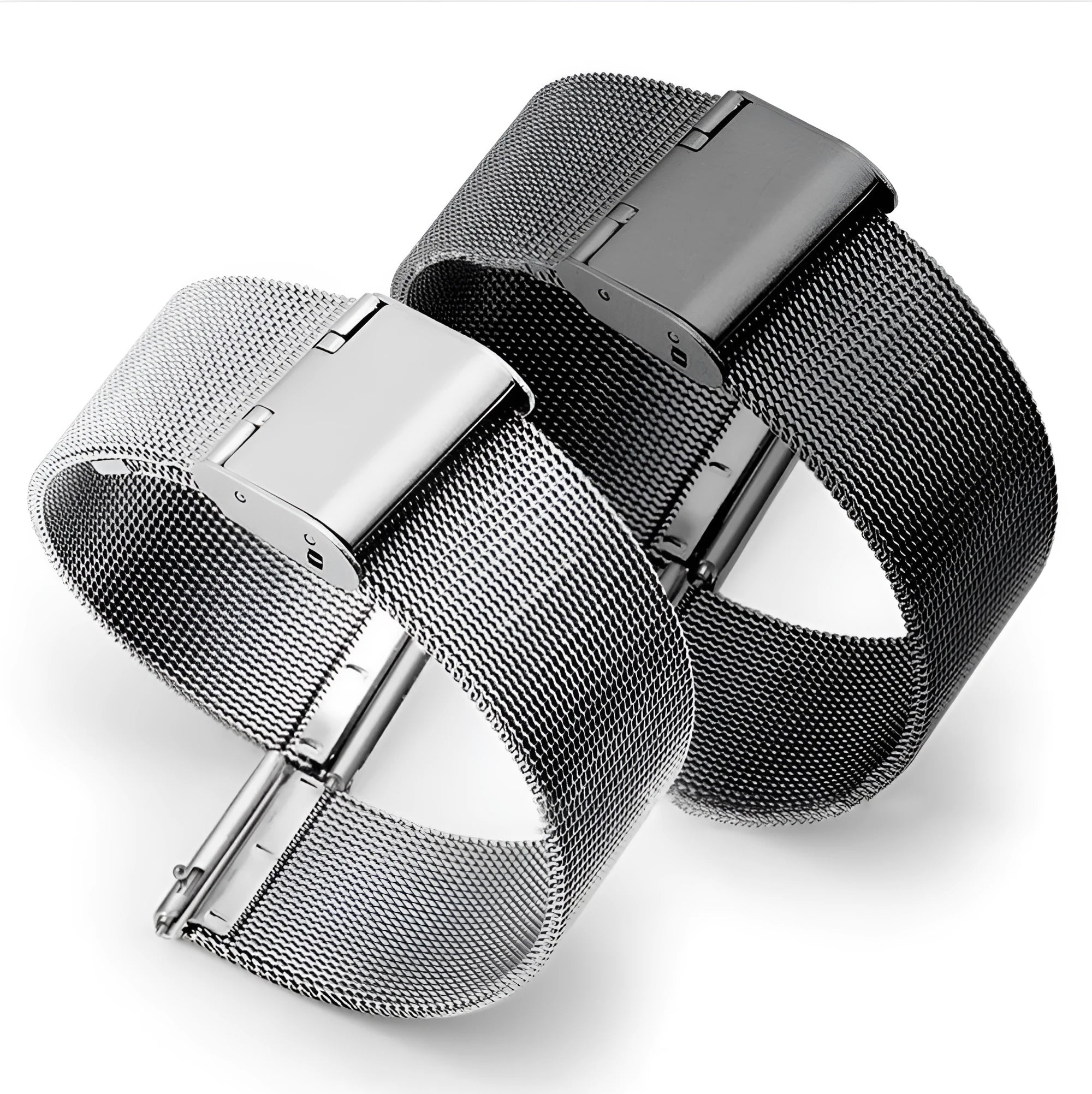 Milani stainless steel watch strap with silk woven texture in silver, shown with quick-release spring bars.