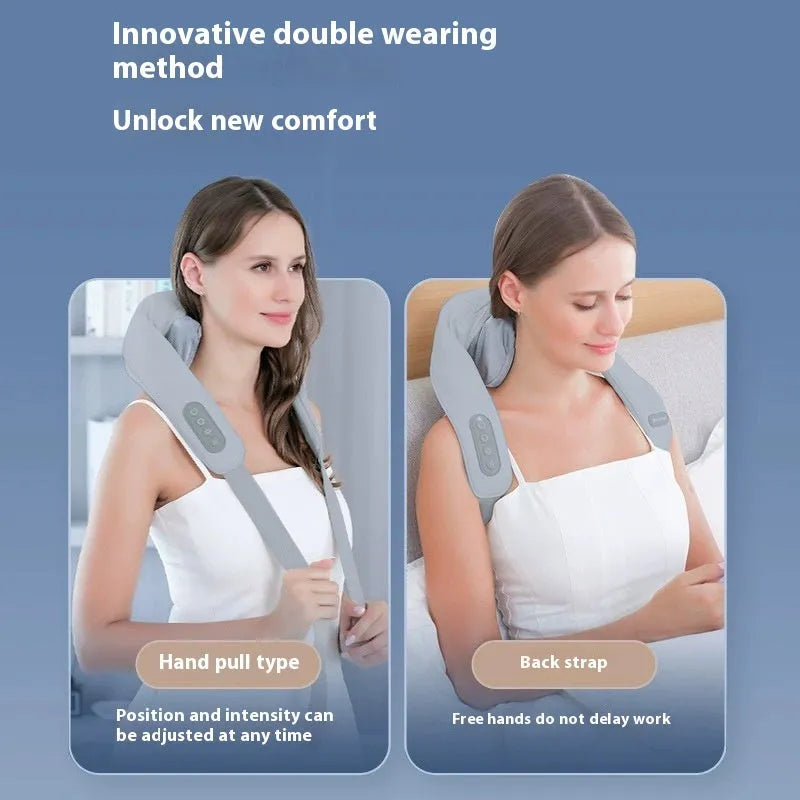 Grey elastic fabric USB-powered neck and back massager with infrared physiotherapy function
