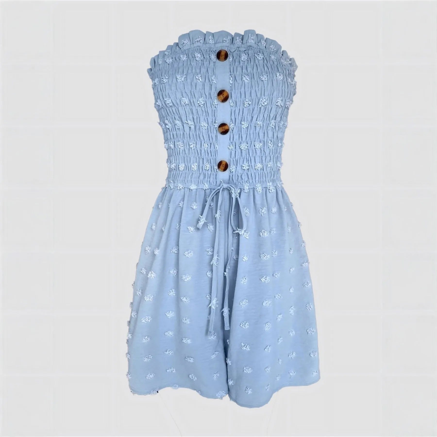 Women's off-shoulder sleeveless jumpsuit in blue solid colour with button detail