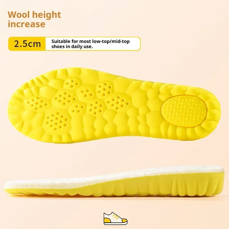 Wool fleece lined cloud height increasing insole in warm winter style, available in 1.5cm to 3.5cm heights, sizes 35-46