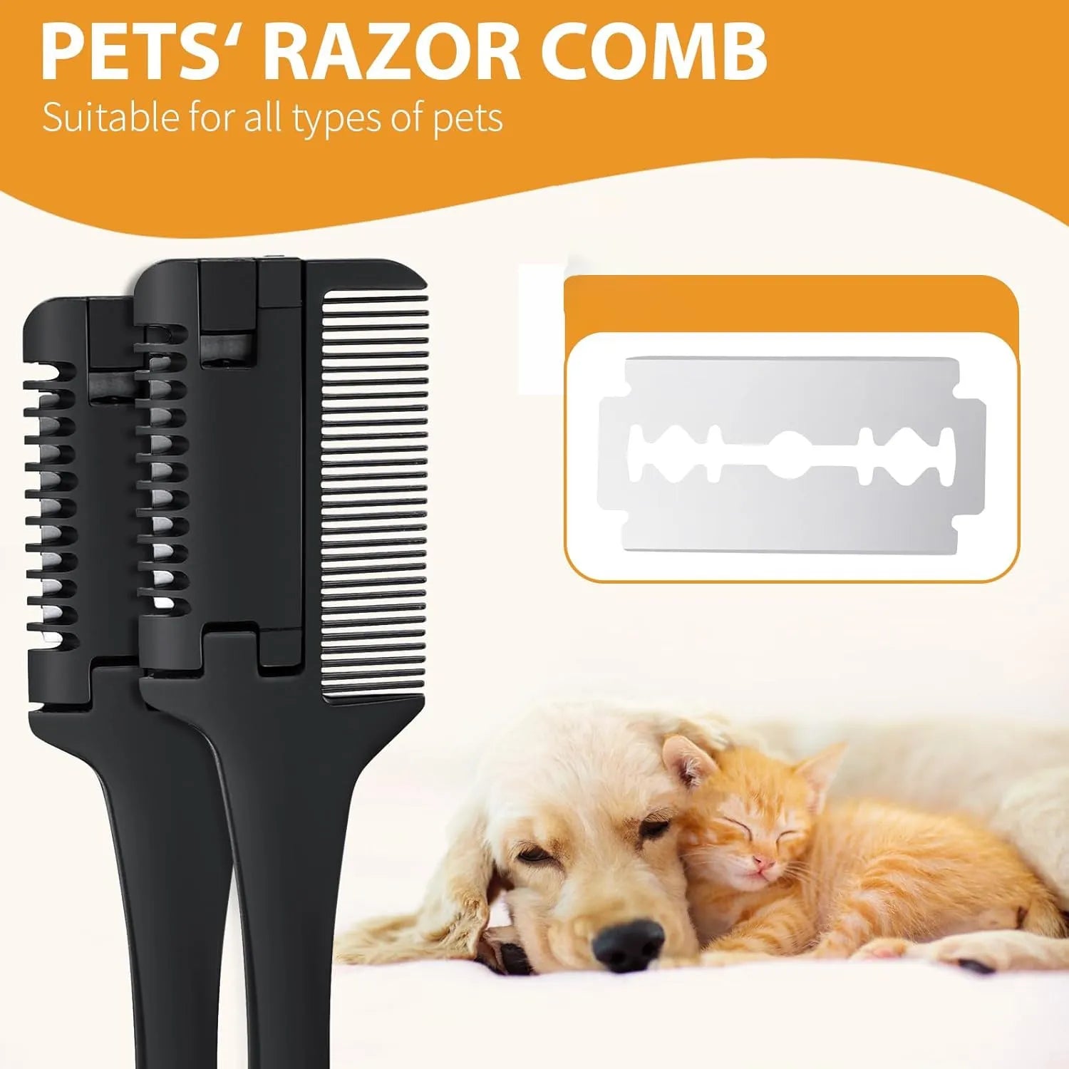 Razor comb for dogs and cats with attached blade and packet of ten spare replacement blades.