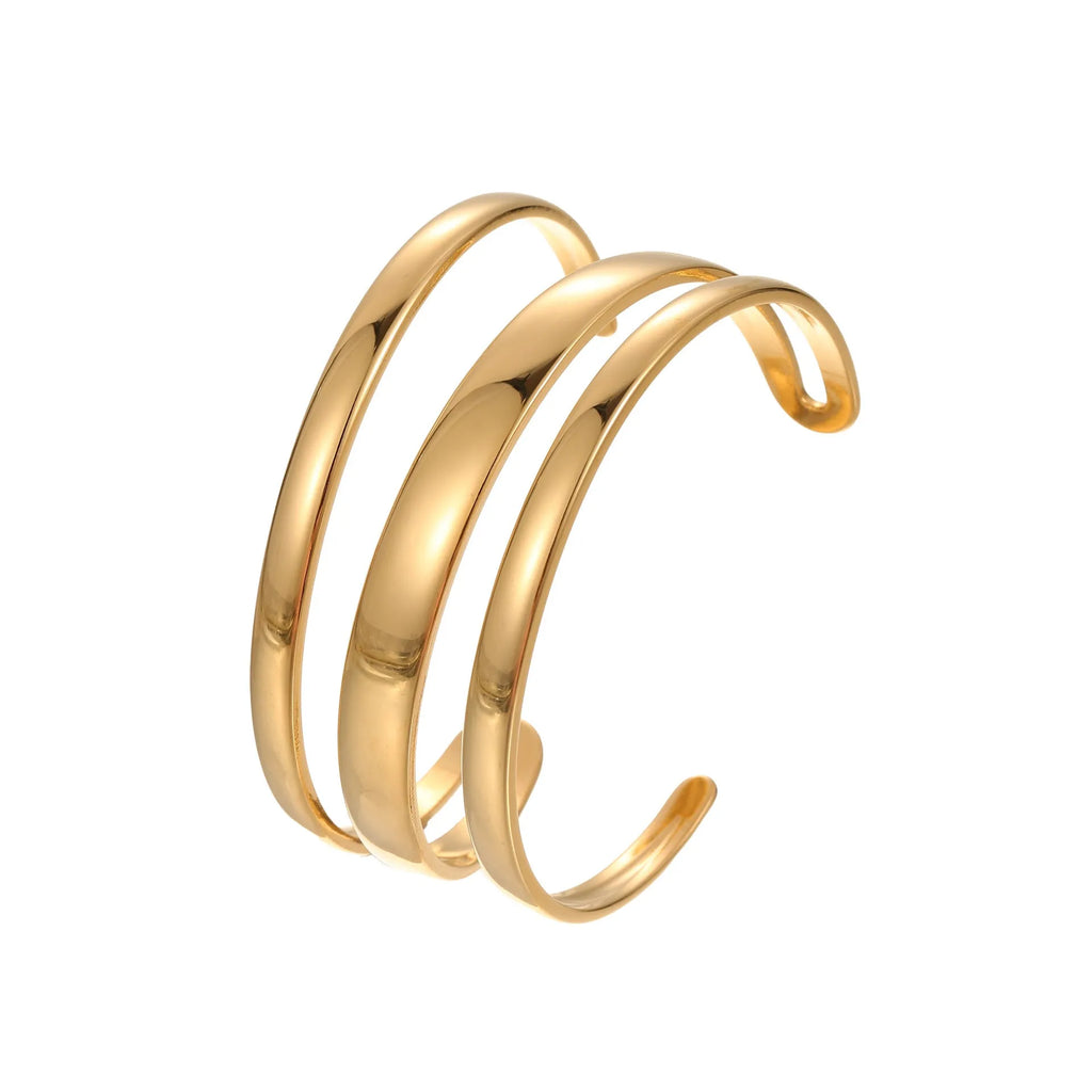 Geometric stainless steel women's bracelet with a simple opening, shown in gold and steel colour options.