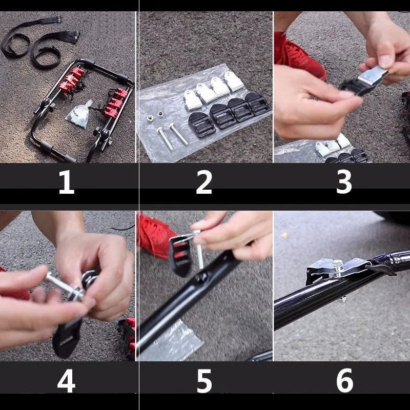 Black and red trunk mounted bike rack for cars with tie rope and pull belt fastening options.