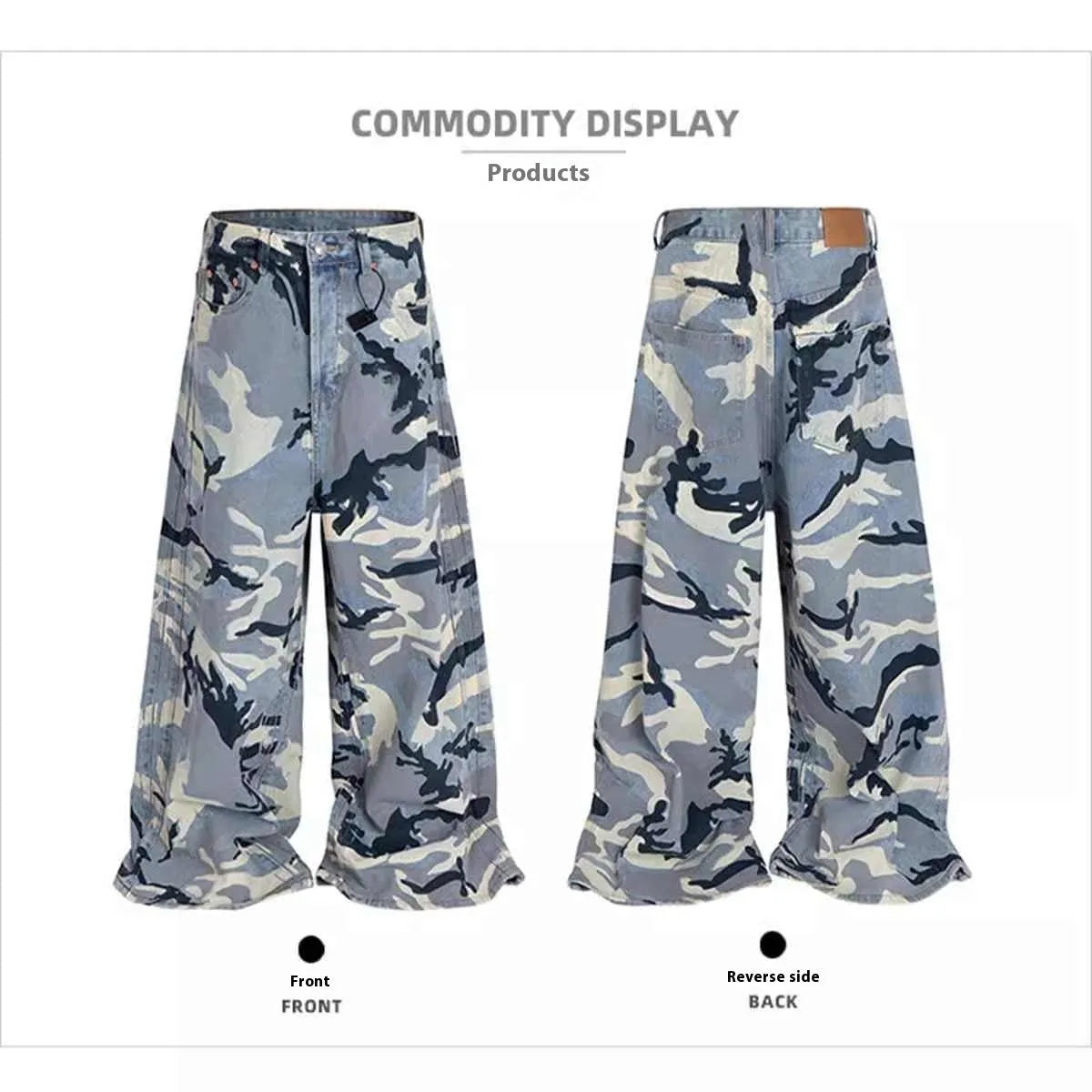 Blue snow camouflage pattern loose fit jeans with mid waist design and micro-elastic denim fabric