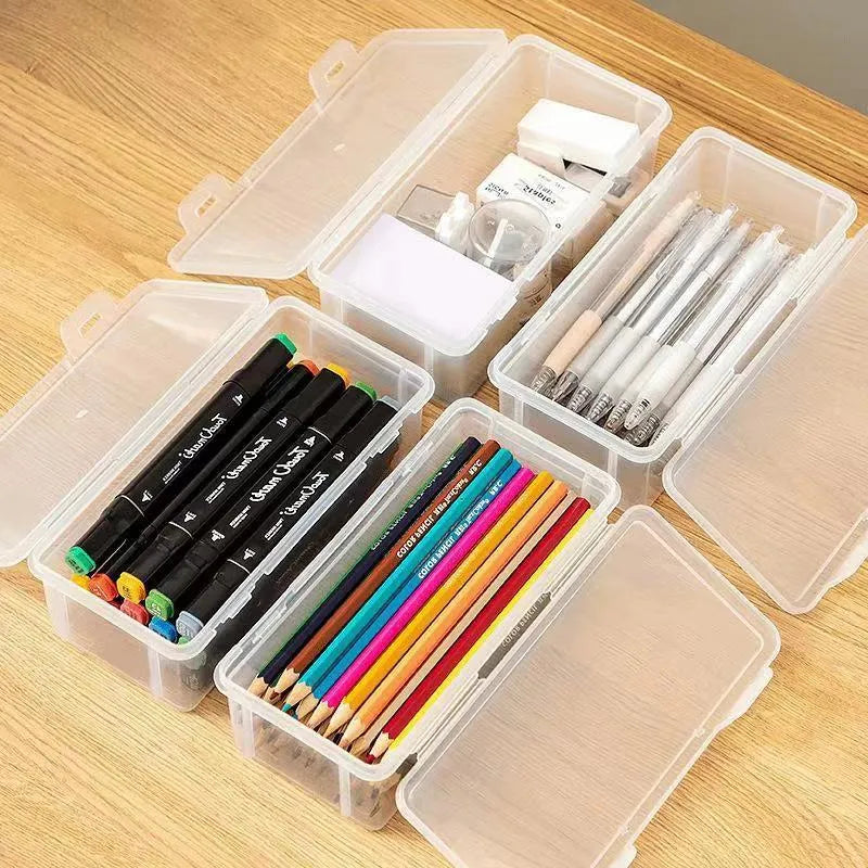 Transparent plastic stationery storage box for pencils and art supplies