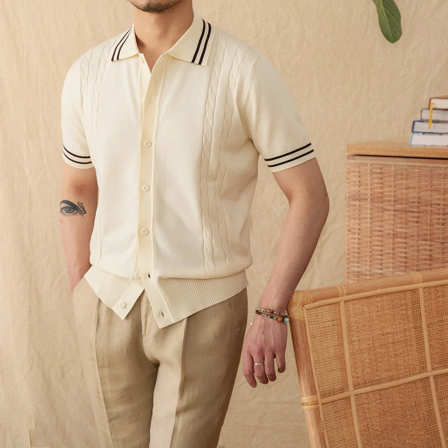 Short sleeve lapel collar polo shirt in a cotton blend fabric shown in apricot colour.