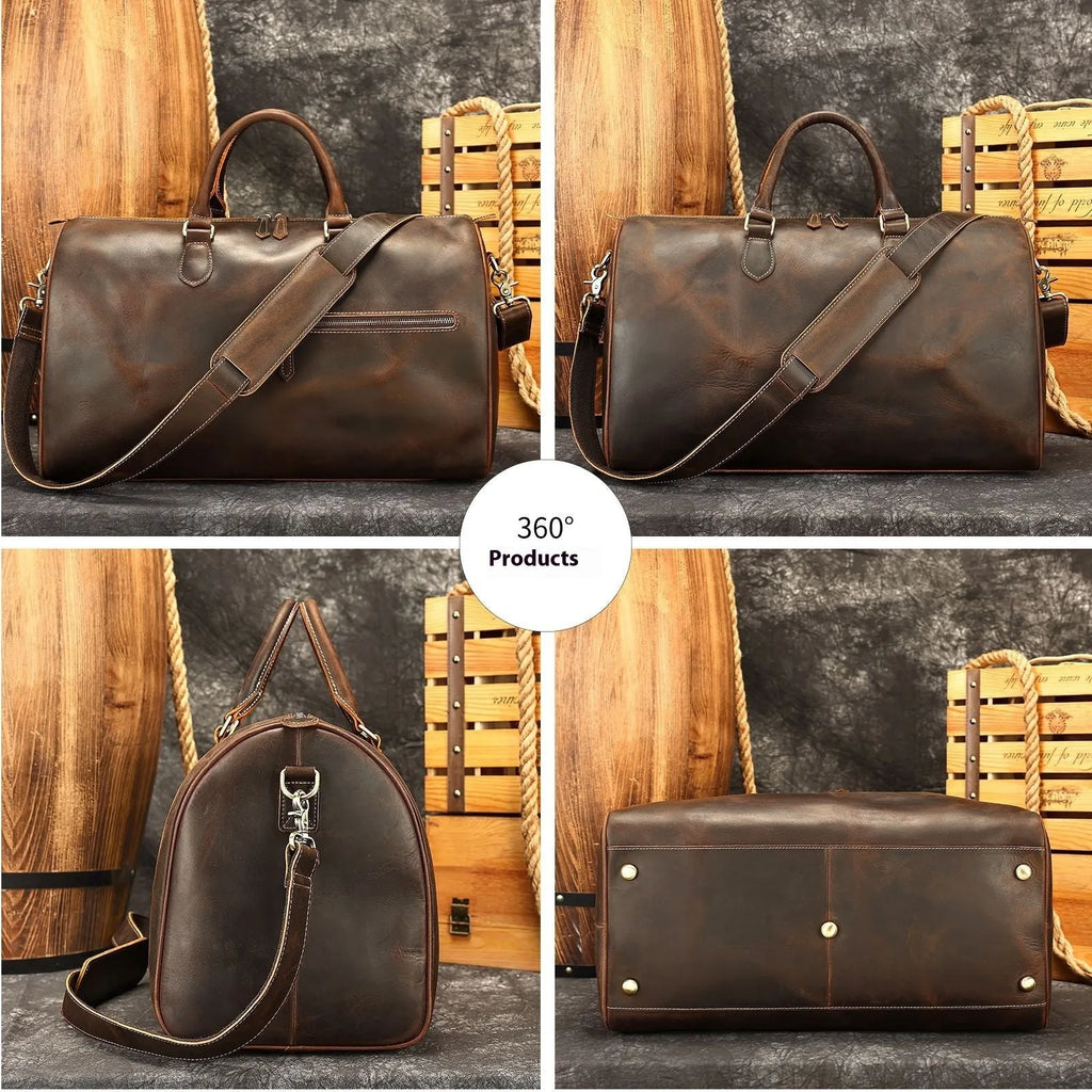 Men's vintage brown leather large crossbody bag with polyester cotton lining.