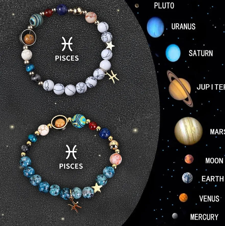 Set of two natural stone beaded bracelets with zodiac sign designs and a stainless steel clasp.