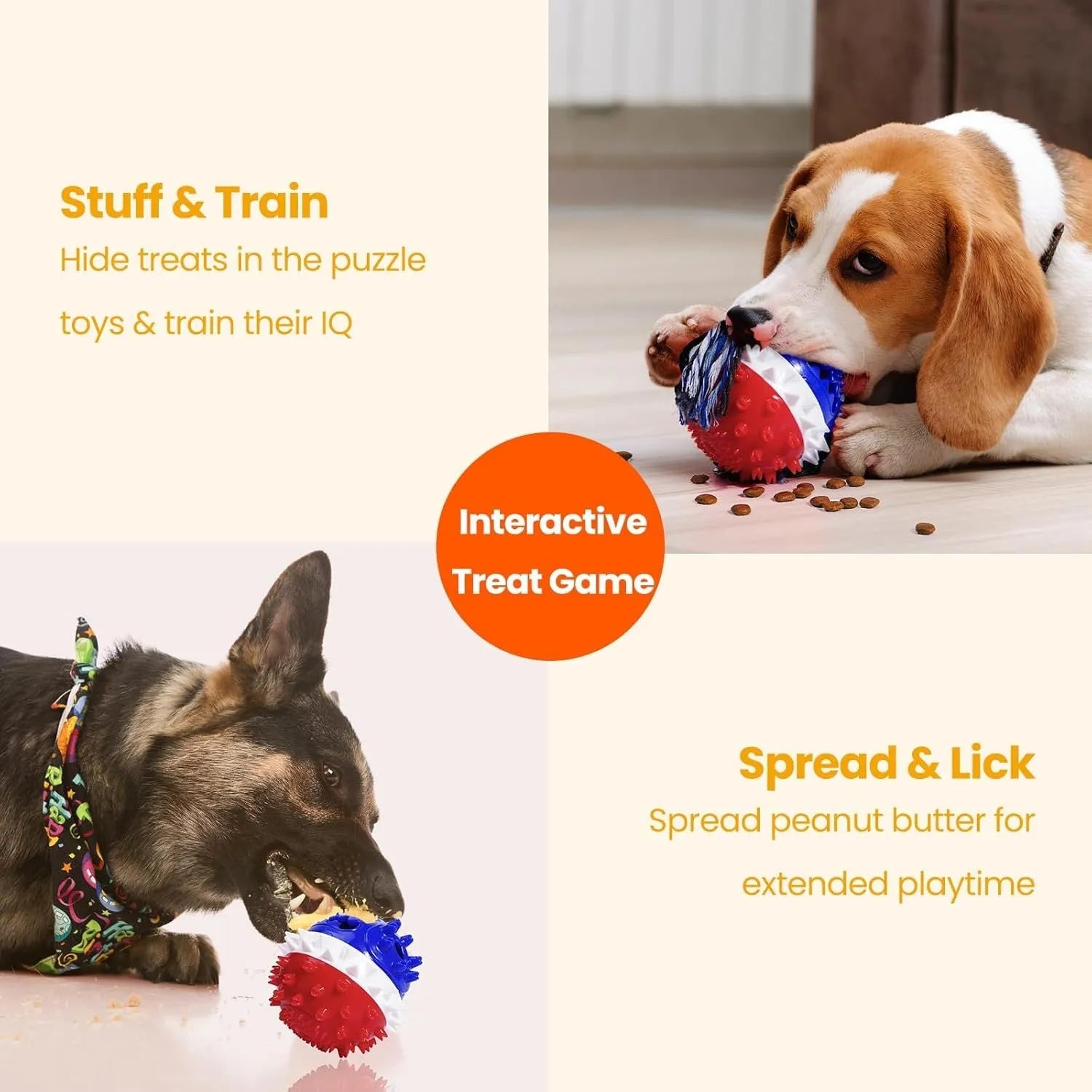 Blue and red TPR rubber squeaky dog ball with rope tug and treat dispenser hole.