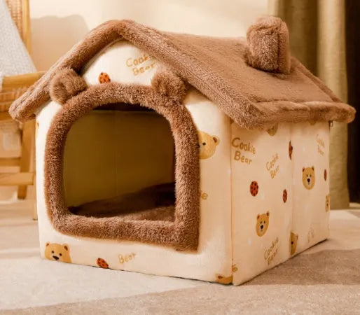 Foldable dog house pet cat bed in cave style with self-warming plush fur and non-slip bottom, available in multiple colours and sizes
