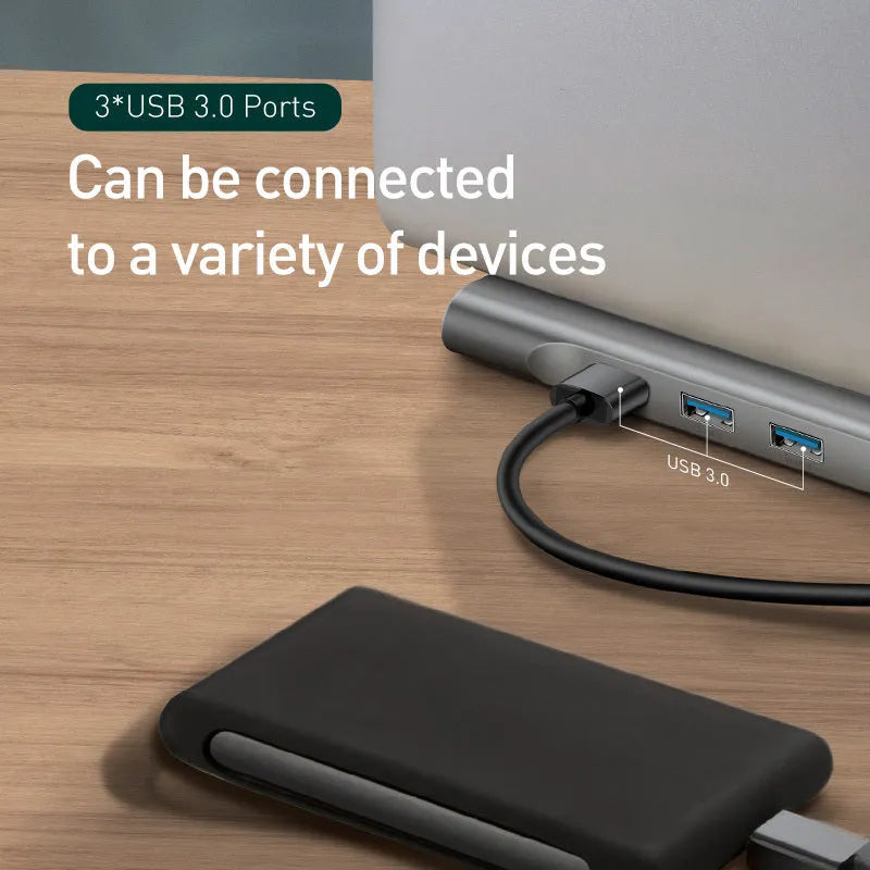 Grey ten-port USB C docking station with HDMI, VGA, Gigabit network, and cooling bracket