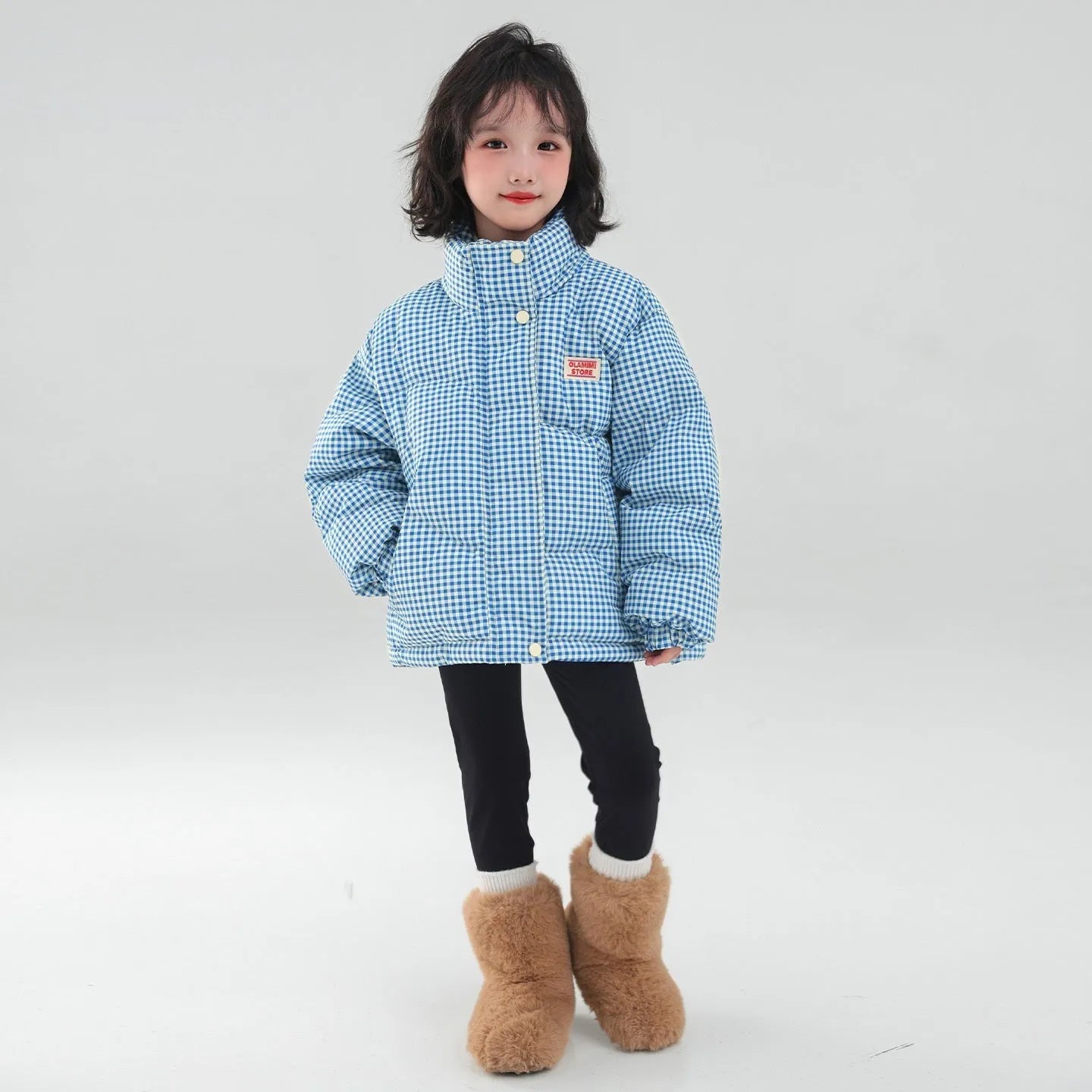 Blue plaid hooded coat jacket for children with zipper closure and cotton lining