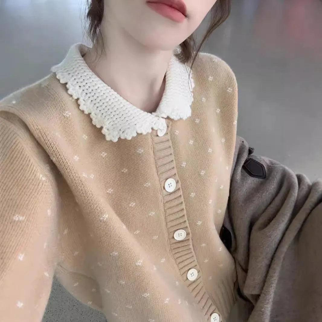 Women's floral knit cardigan coat with Peter Pan collar and button front in navy blue