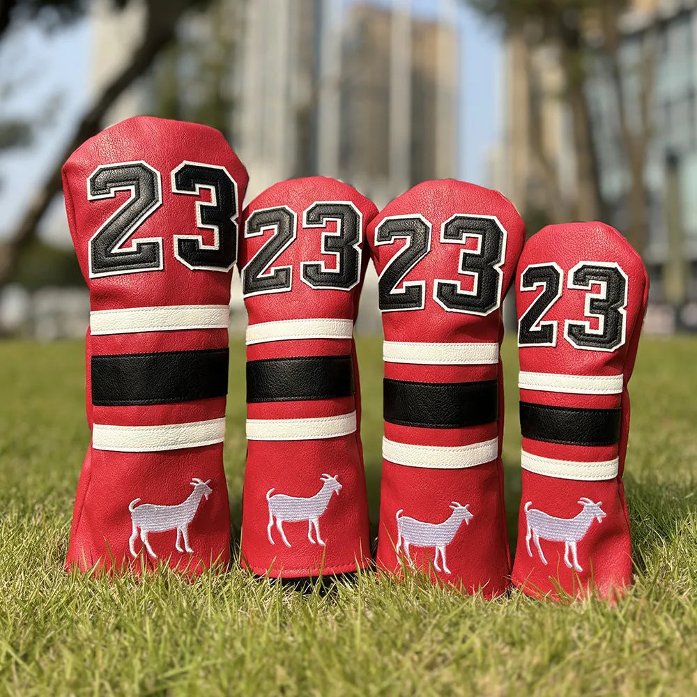 Ram golf club headcover set showing chicken drumstick UT cover, fairway wood sleeves, and square putter sleeve in red colour