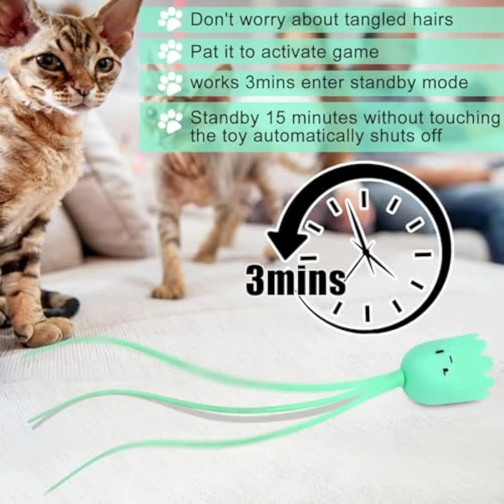 Green automatic electronic cat wand toy with swinging silicone tails on white background