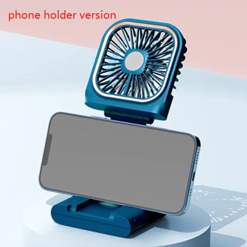 Hands-free neck-worn personal fan with dual vents in blue colour, showing USB charging port.