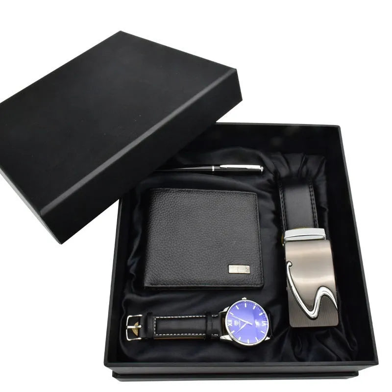 Business gift set for men with belt, wallet, quartz watch with leather strap, and pen in box