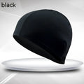 Black single line unisex adult swimming cap made from polyester fabric.