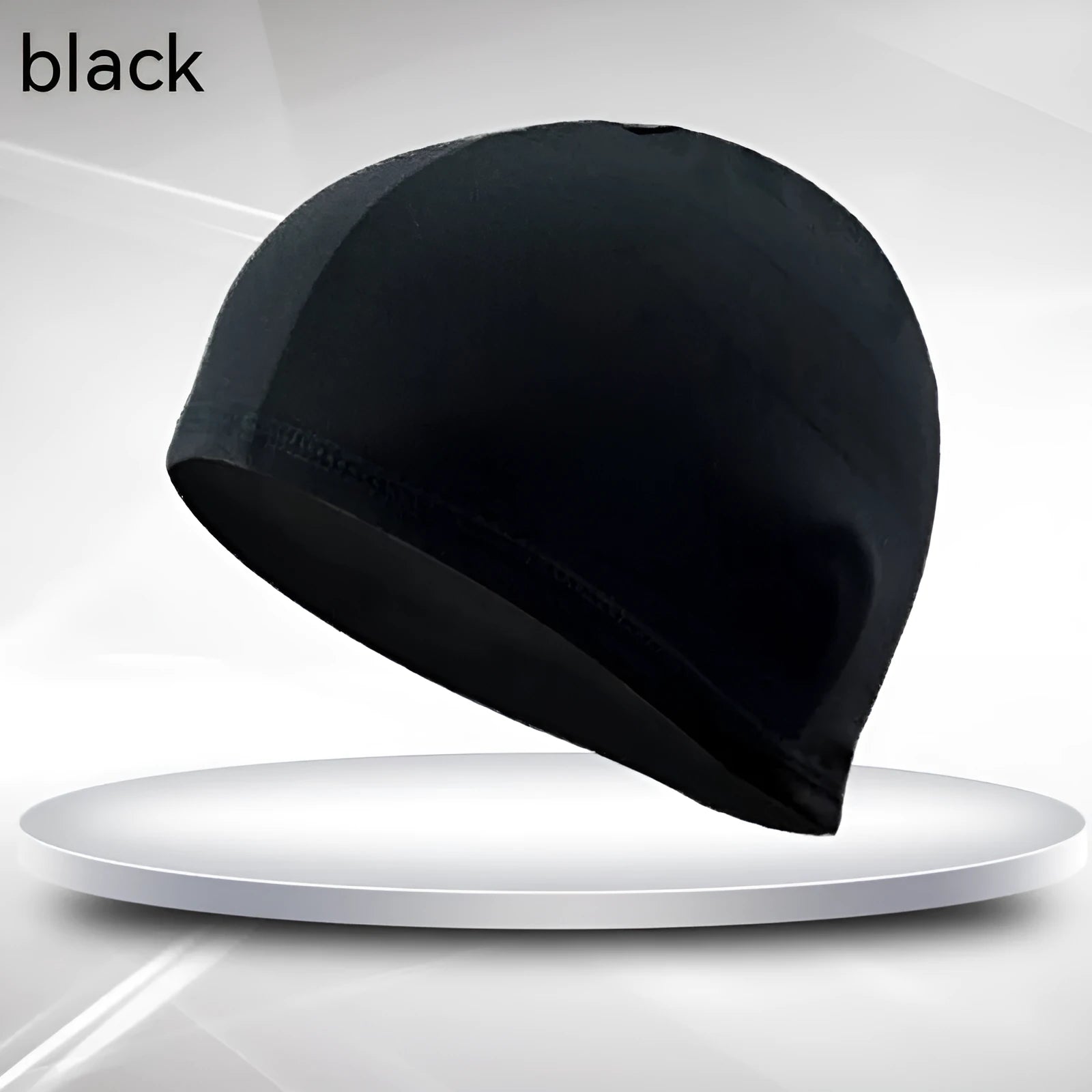 Black single line unisex adult swimming cap made from polyester fabric.