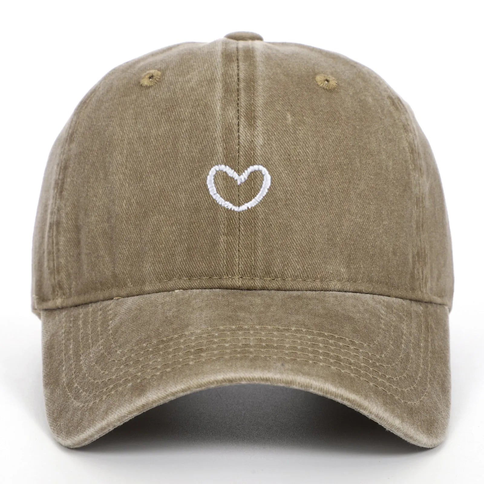 Cotton baseball cap with embroidered red love heart on front, shown in grey.