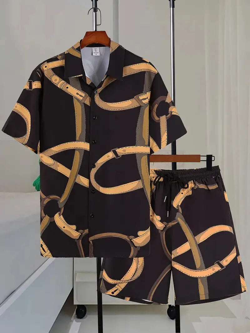 Wild printed men's short sleeve shirt and matching shorts set for summer casual wear, multiple sizes S to 4XL