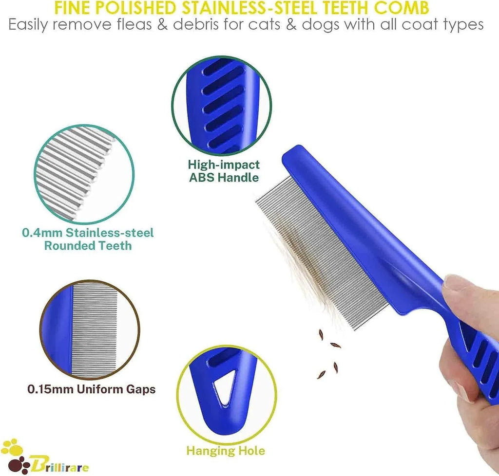 Blue stainless steel dense gear flea comb set with large and small combs for pet grooming