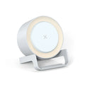 Multi-function wireless charger Bluetooth speaker night light phone holder in white, straw, and black colours, 137.5x170x92mm