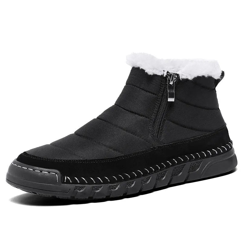 Men's plus size insulated snow boot in black with cotton upper and non-slip rubber sole.