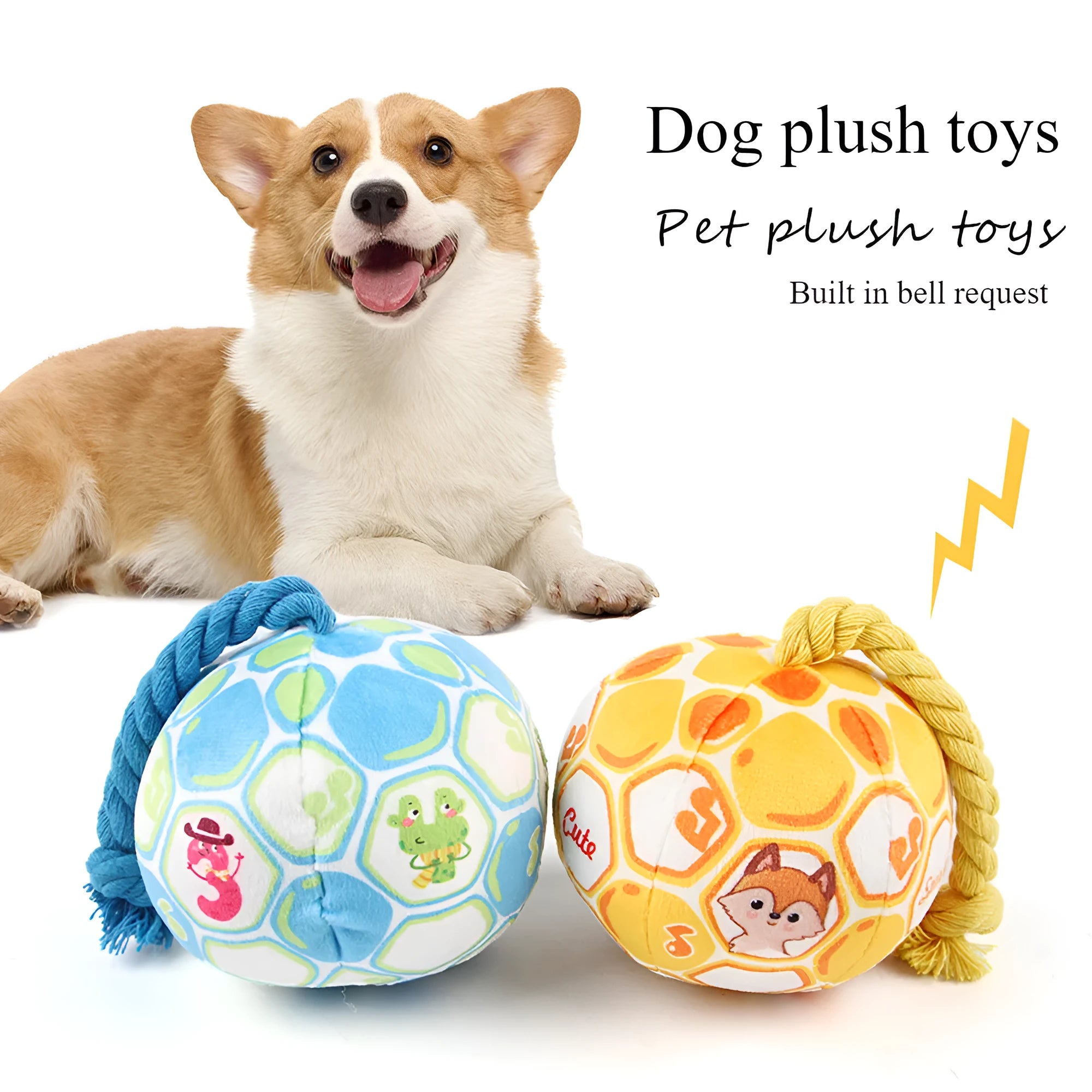 Blue and yellow elastic football dog toy with cartoon design for tug of war and teeth grinding
