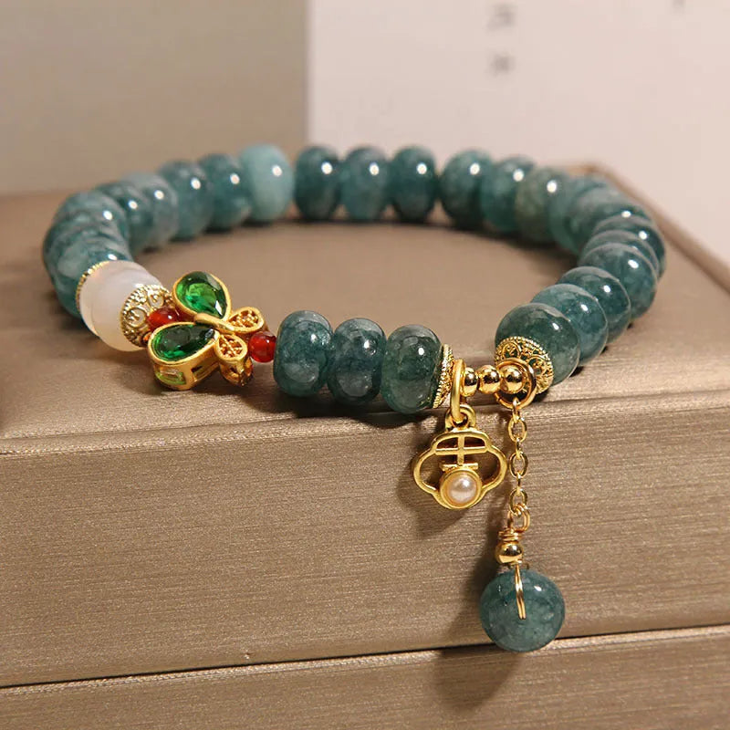 Blue water jade abacus beads crystal bracelet with white agate and alloy gemstone inlay