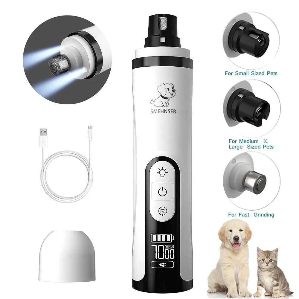 Electric dog nail grinder with LCD screen showing speed settings, UK plug, and dust collection port.