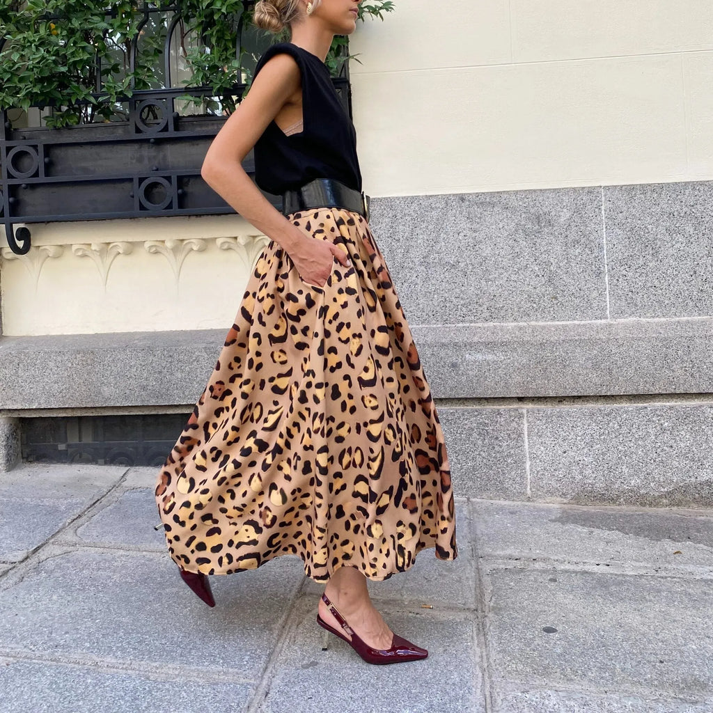 Brown leopard print women's A-line long skirt with big hem