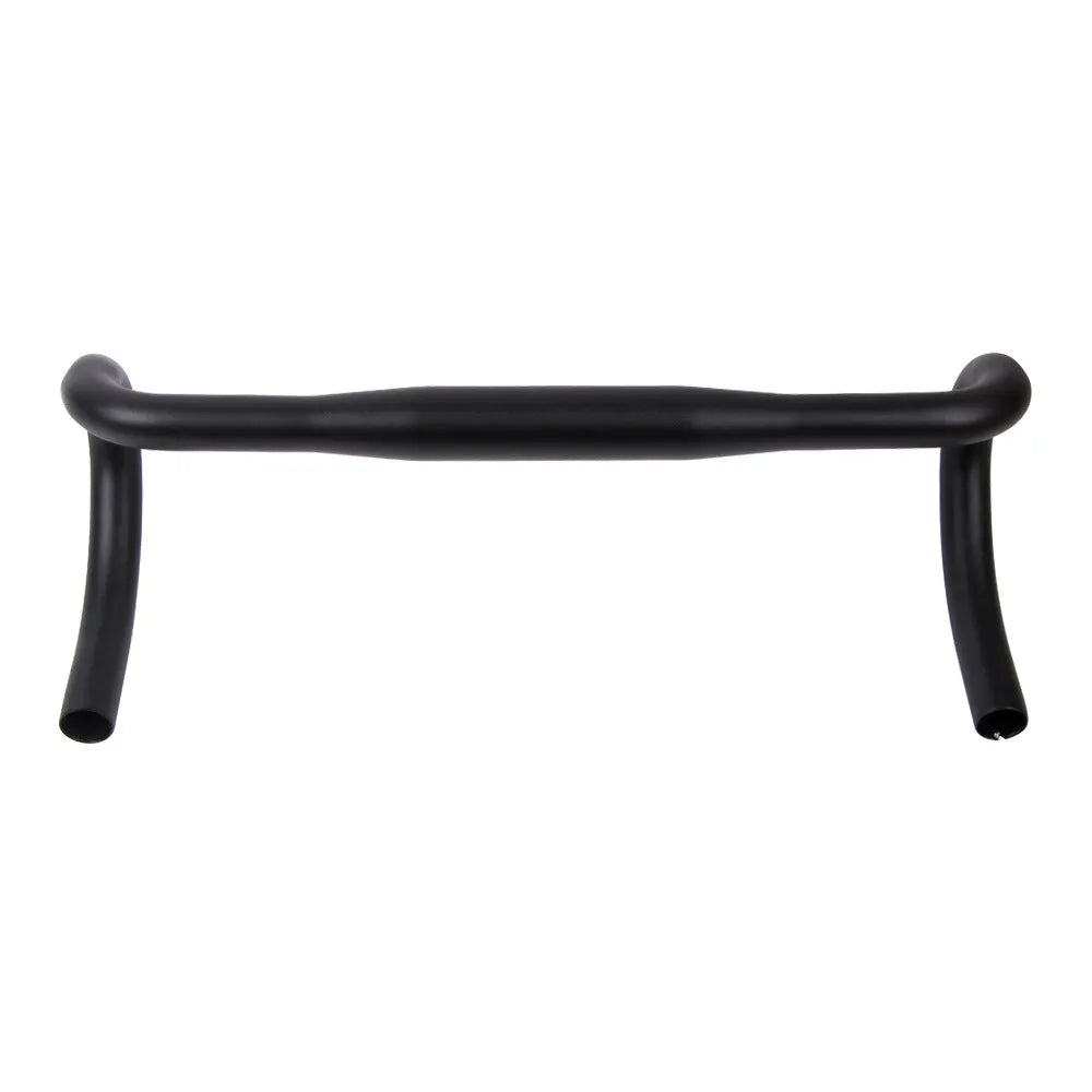 Black UNO aluminium alloy road bike racing drop handlebar showing shallow bend profile.