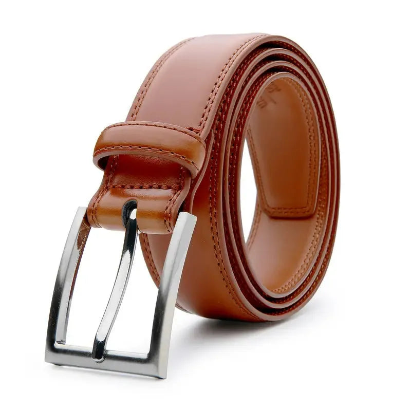 Men's genuine leather casual belt with alloy buckle showing 95 grain texture