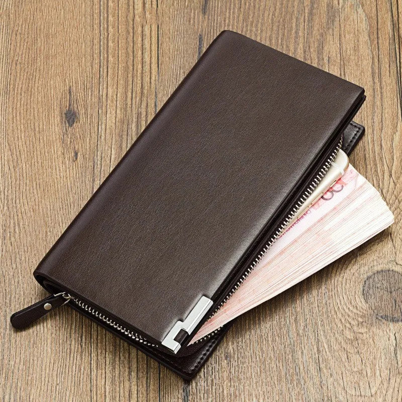 Men's black PU leather wallet with a long silver zip closure, shown open.