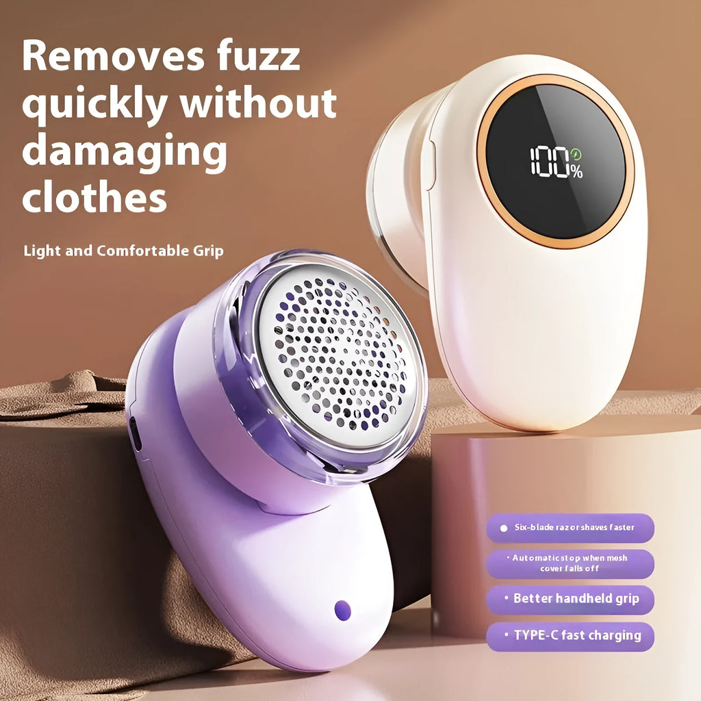 Beige and purple digital fur ball trimmers with USB-C charging cable and multiple cutter heads on a fabric surface