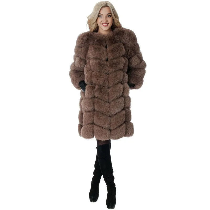 Women's thick artificial fur coat in 80 cm length, shown in one of five colours: black, dark camel, silver fox, apricot, or wine red.