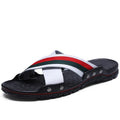 Men's cowhide leather flip-flops with PU sole in black, blue, or white colours.