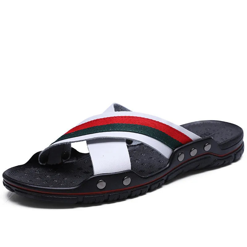 Men's cowhide leather flip-flops with PU sole in black, blue, or white colours.