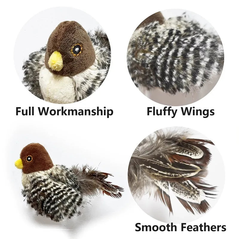 Interactive cat toy electric squeaky simulation bird plush with feather and chirping sound
