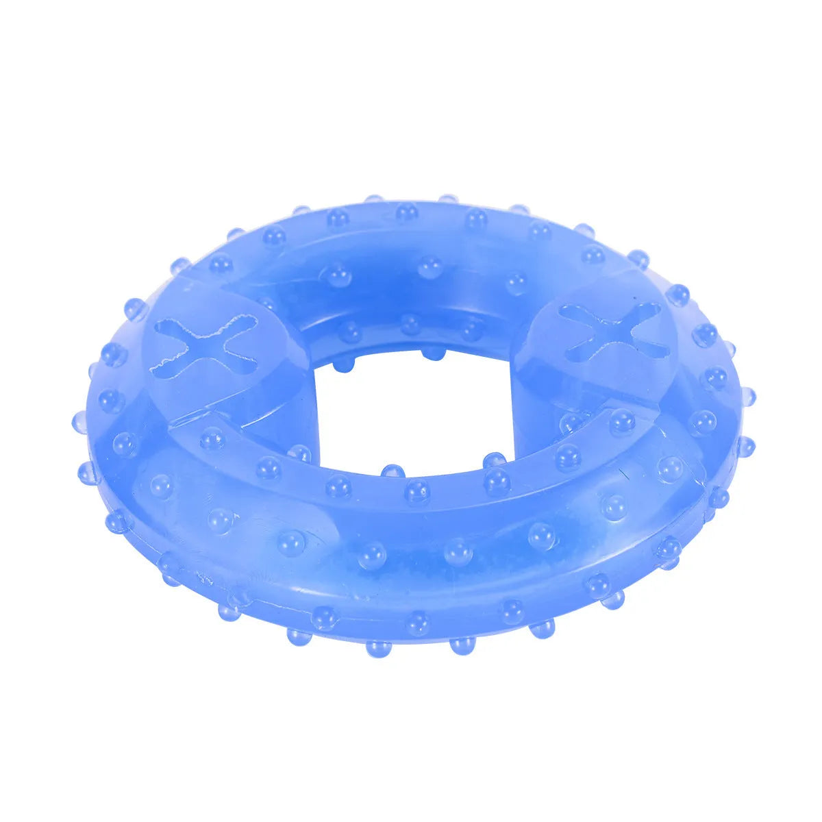 Freezable bone-shaped and circle-shaped dog cooling chew toys with treat pockets.