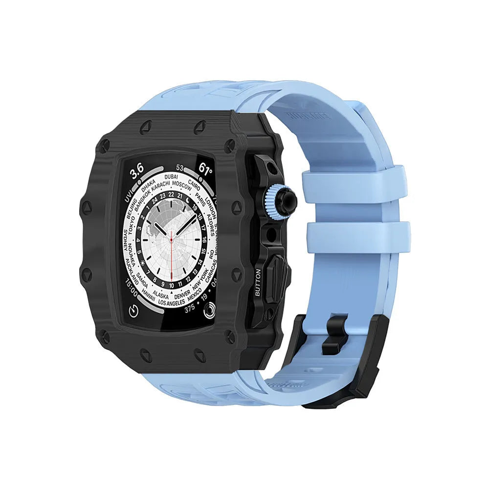 Carbon fiber shell strap for iWatch 45/44mm with rose gold buckle and white clip style