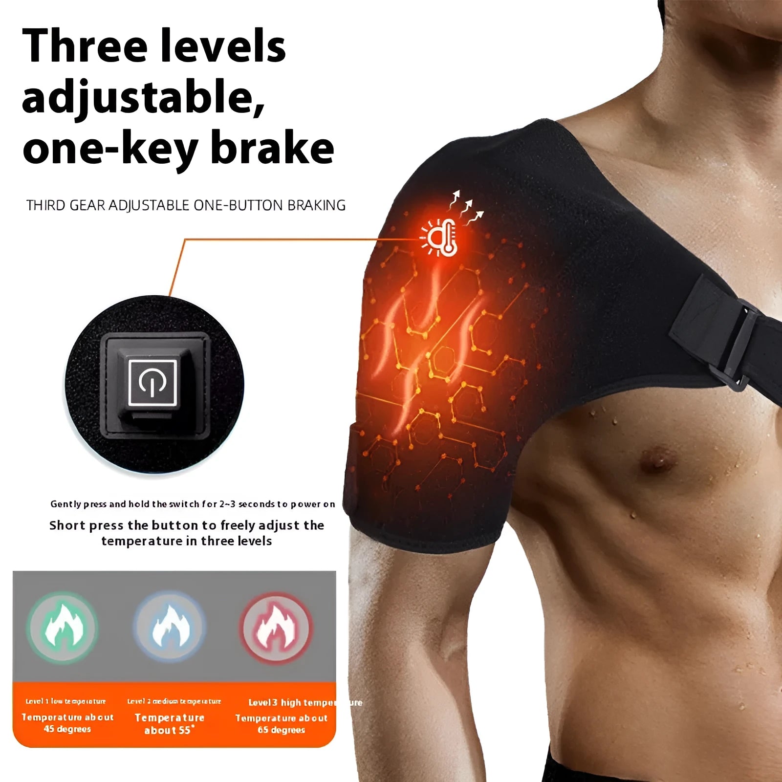 A grey USB electric heating shoulder pad shown laid flat, with a USB cable attached.
